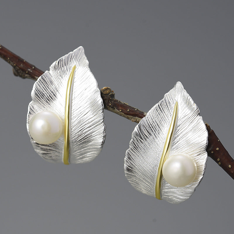 Sterling Silver Leaf Pearl Earrings